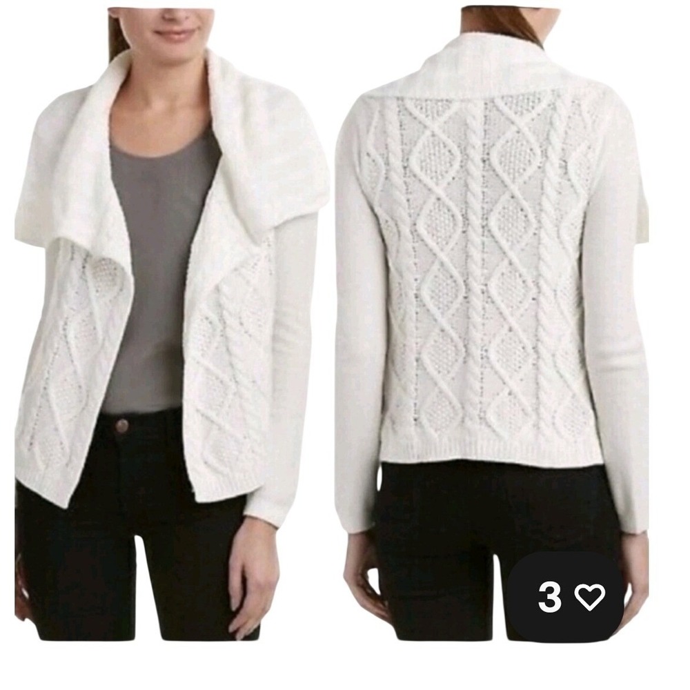Cabi White Cable Knit Open Front Cardigan Sweater Shawl Collar Medium